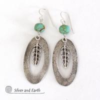 Sterling Silver Hoop Earrings with Turquoise and Feathers - Southwest Jewelry