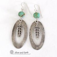 Sterling Silver Hoop Earrings with Turquoise and Feathers - Southwest Jewelry