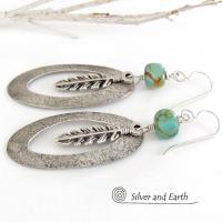 Sterling Silver Hoop Earrings with Turquoise and Feathers - Southwest Jewelry