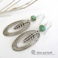 Sterling Silver Hoop Earrings with Turquoise and Feathers - Southwest Jewelry