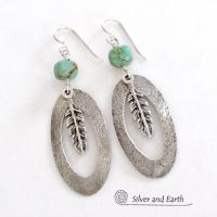 Sterling Silver Hoop Earrings with Turquoise and Feathers - Southwest Jewelry