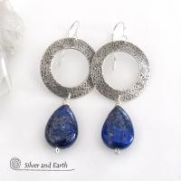 Modern Sterling Silver Earrings with Blue Lapis Lazuli Gemstones