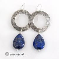 Modern Sterling Silver Earrings with Blue Lapis Lazuli Gemstones