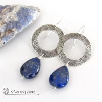 Modern Sterling Silver Earrings with Blue Lapis Lazuli Gemstones