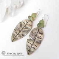 Sterling Silver Leaf Earrings with Green Jade Stones - Earthy Nature Jewelry
