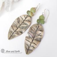 Sterling Silver Leaf Earrings with Green Jade Stones - Earthy Nature Jewelry