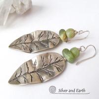 Sterling Silver Leaf Earrings with Green Jade Stones - Earthy Nature Jewelry