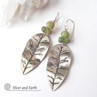 Sterling Silver Leaf Earrings with Green Jade Stones - Earthy Nature Jewelry