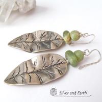 Sterling Silver Leaf Earrings with Green Jade Stones - Earthy Nature Jewelry