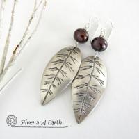 Sterling Silver Leaf Earrings with Bronze Pearls - Earthy Nature Jewelry