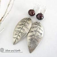 Sterling Silver Leaf Earrings with Bronze Pearls - Earthy Nature Jewelry