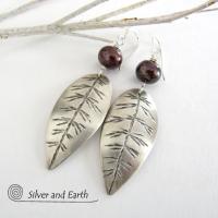 Sterling Silver Leaf Earrings with Bronze Pearls - Earthy Nature Jewelry