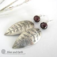 Sterling Silver Leaf Earrings with Bronze Pearls - Earthy Nature Jewelry