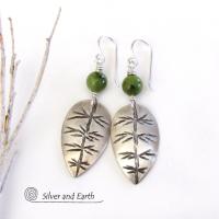 Sterling Silver Leaf Earrings with Green Jade Stones - Artisan Nature Jewelry