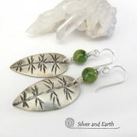 Sterling Silver Leaf Earrings with Green Jade Stones - Artisan Nature Jewelry