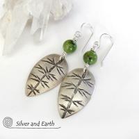 Sterling Silver Leaf Earrings with Green Jade Stones - Artisan Nature Jewelry