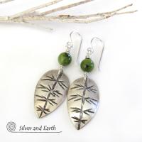 Sterling Silver Leaf Earrings with Green Jade Stones - Artisan Nature Jewelry