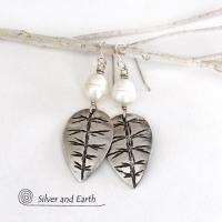 Sterling Silver Leaf Earrings with White Pearls - Modern Nature Jewelry