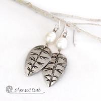 Sterling Silver Leaf Earrings with White Pearls - Modern Nature Jewelry