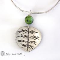 Sterling Silver Leaf Necklace with Green Jade Gemstone - Nature Inspired Jewelry