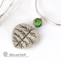 Sterling Silver Leaf Necklace with Green Jade Gemstone - Nature Inspired Jewelry