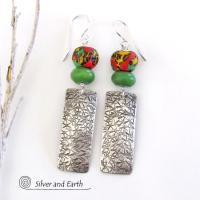 Sterling Silver Earrings with African Glass Beads & Green Serpentine Stones - Co