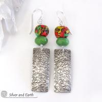 Sterling Silver Earrings with African Glass Beads & Green Serpentine Stones