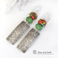 Sterling Silver Earrings with African Glass Beads & Green Serpentine Stones - Co