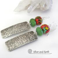 Sterling Silver Earrings with African Glass Beads & Green Serpentine Stones - Co