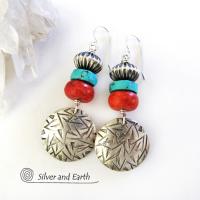 Sterling Silver Earrings with Turquoise & Red Coral - Modern Southwest Jewelry