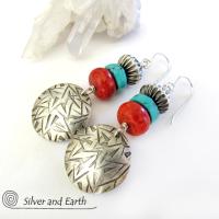 Sterling Silver Earrings with Turquoise & Red Coral - Modern Southwest Jewelry