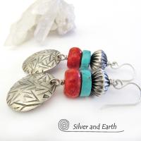 Sterling Silver Earrings with Turquoise & Red Coral - Modern Southwest Jewelry