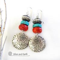 Sterling Silver Earrings with Turquoise & Red Coral - Modern Southwest Jewelry