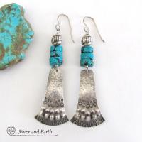 Sterling Silver Tribal Earrings with Turquoise - Unique Bold Southwest Jewelry