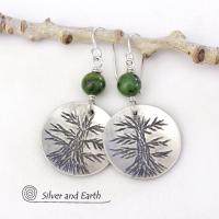 Sterling Silver Tree Earrings with Green Jade - Tree of Life Nature Jewelry