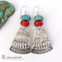 Sterling Silver Earrings with Turquoise Red Coral - Modern Southwestern Jewelry