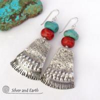 Sterling Silver Earrings with Turquoise Red Coral - Modern Southwestern Jewelry