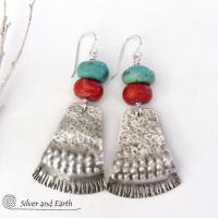 Sterling Silver Earrings with Turquoise Red Coral - Modern Southwestern Jewelry