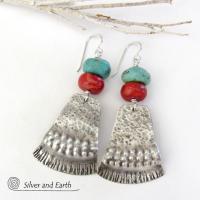 Sterling Silver Earrings with Turquoise Red Coral - Modern Southwestern Jewelry