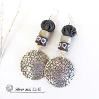 Sterling Silver Earrings with African Beads - Ethnic Boho Tribal Jewelry