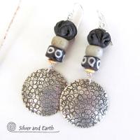 Sterling Silver Earrings with African Beads - Ethnic Boho Tribal Jewelry