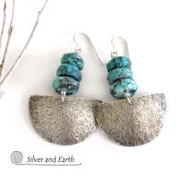 Sterling Silver Half Moon Earrings with Turquoise - Bold Earthy Silver Jewelry