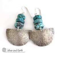 Sterling Silver Half Moon Earrings with Turquoise - Bold Earthy Silver Jewelry