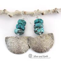 Sterling Silver Half Moon Earrings with Turquoise - Bold Earthy Silver Jewelry