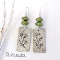 Sterling Silver Earrings with Twig Design & Green Serpentine - Nature Jewelry