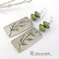 Sterling Silver Earrings with Twig Design & Green Serpentine - Nature Jewelry