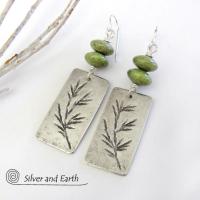 Sterling Silver Earrings with Twig Design & Green Serpentine - Nature Jewelry