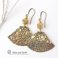 Textured Gold Brass Dangle Earrings - Artisan Handmade Metal Jewelry