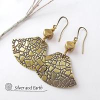 Textured Gold Brass Dangle Earrings - Artisan Handmade Metal Jewelry