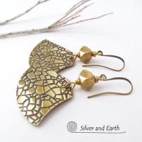 Textured Gold Brass Dangle Earrings - Artisan Handmade Metal Jewelry